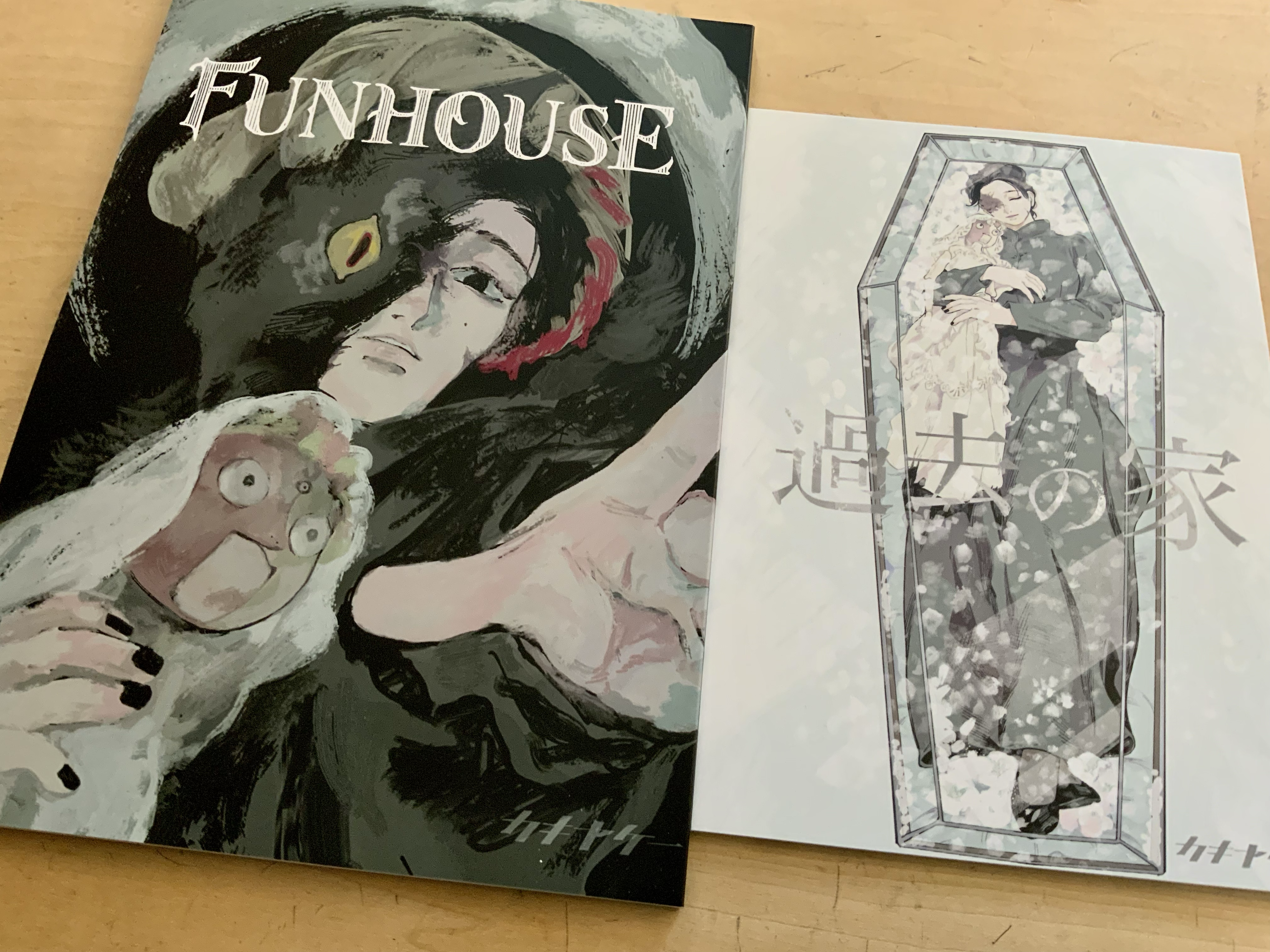 今回制作した同人誌『FUNHOUSE』と『過去の家』が並んで置いてある写真